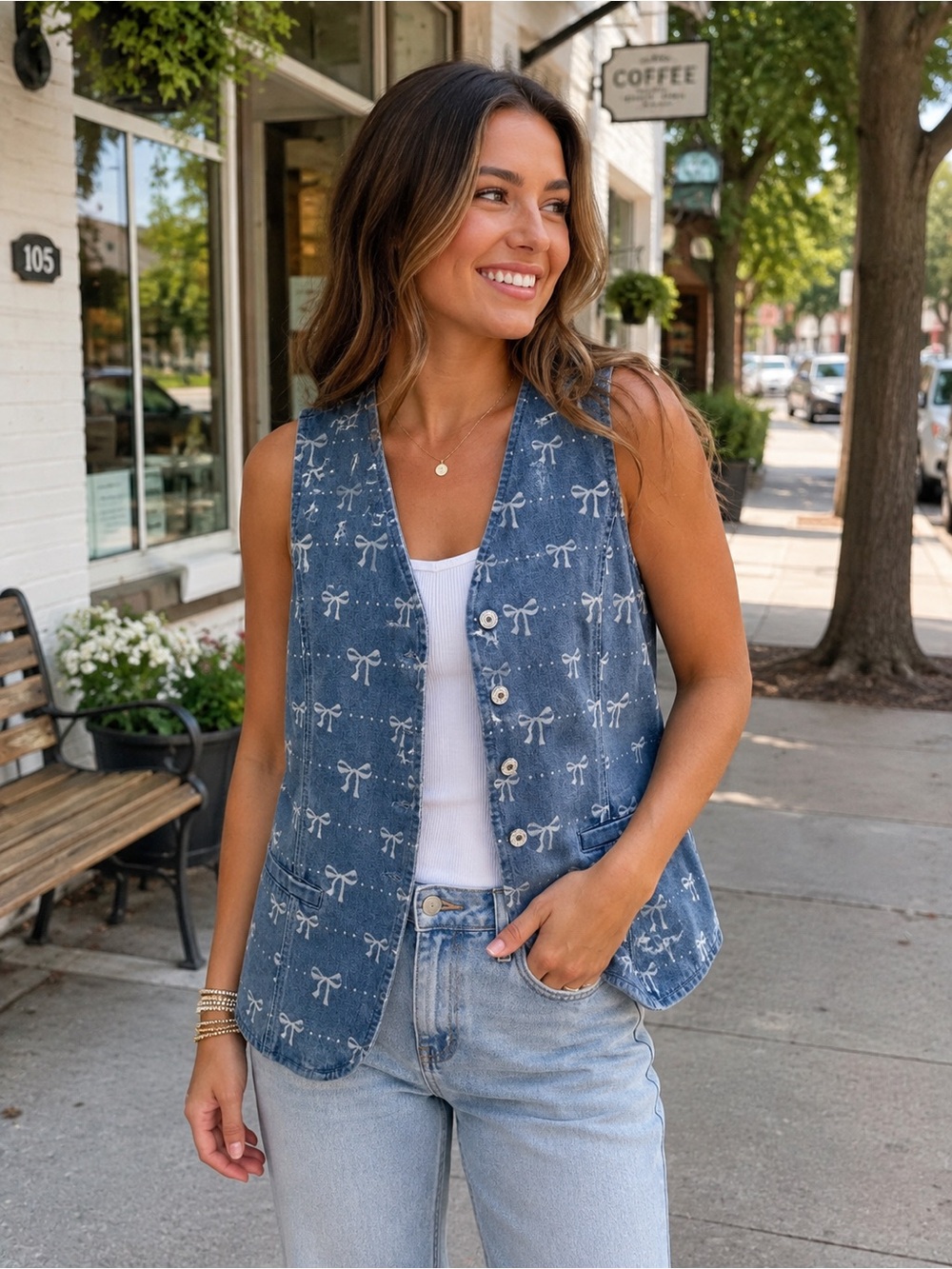 Entro Blue Bow-Print Denim Vest size medium